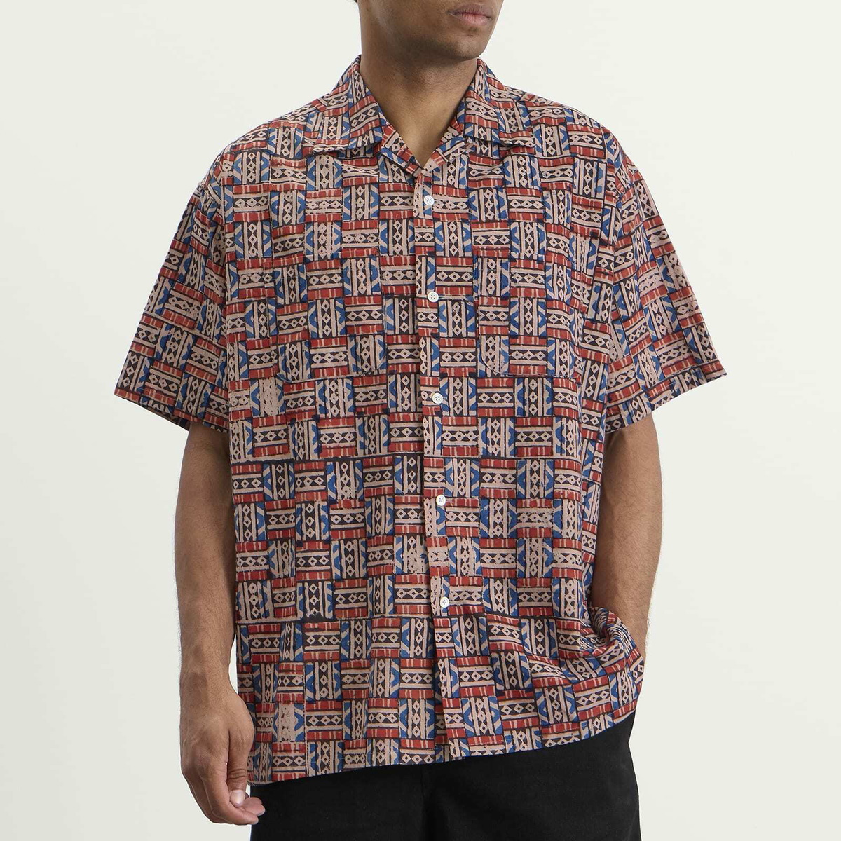 Beams Plus Men's Block Print Open collar Shirt in Red