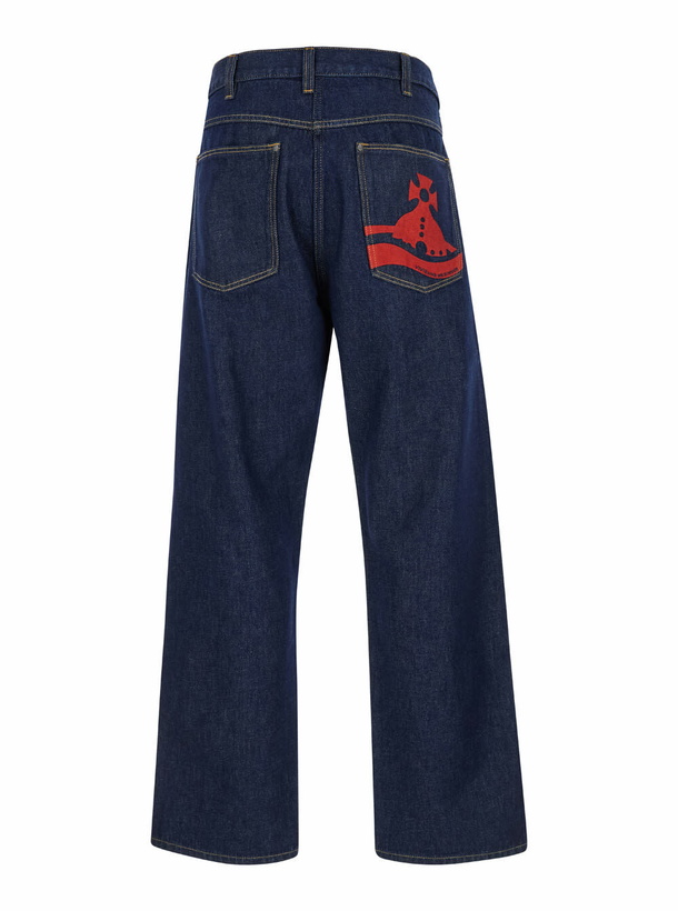 Photo: Vivienne Westwood Ranch Blue Wide Jeans With Orb Patch In Cotton Denim Man