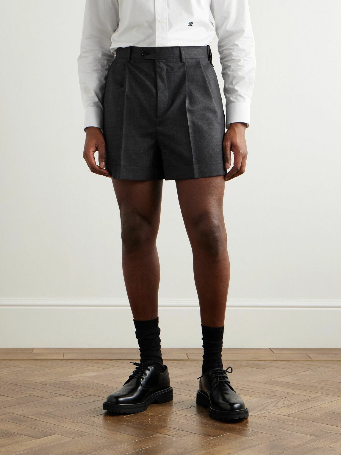 CELINE - Straight-Leg Pleated Wool Shorts - Gray