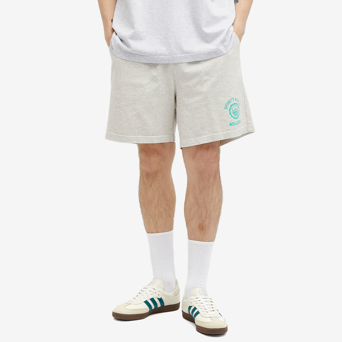 Sporty & Rich Men's Emblem Gym Shorts in Heather Grey/Caribbean
