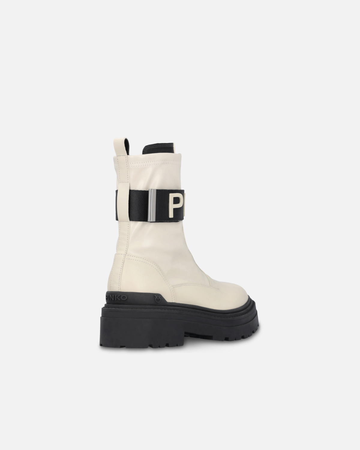 Pinko Leather Combat Boots With Branded Front Stretch Ribbon Yoghurt