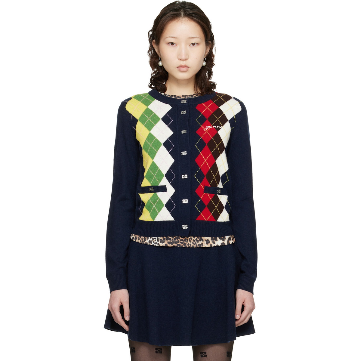 GANNI Navy Argyle Print Cardigan