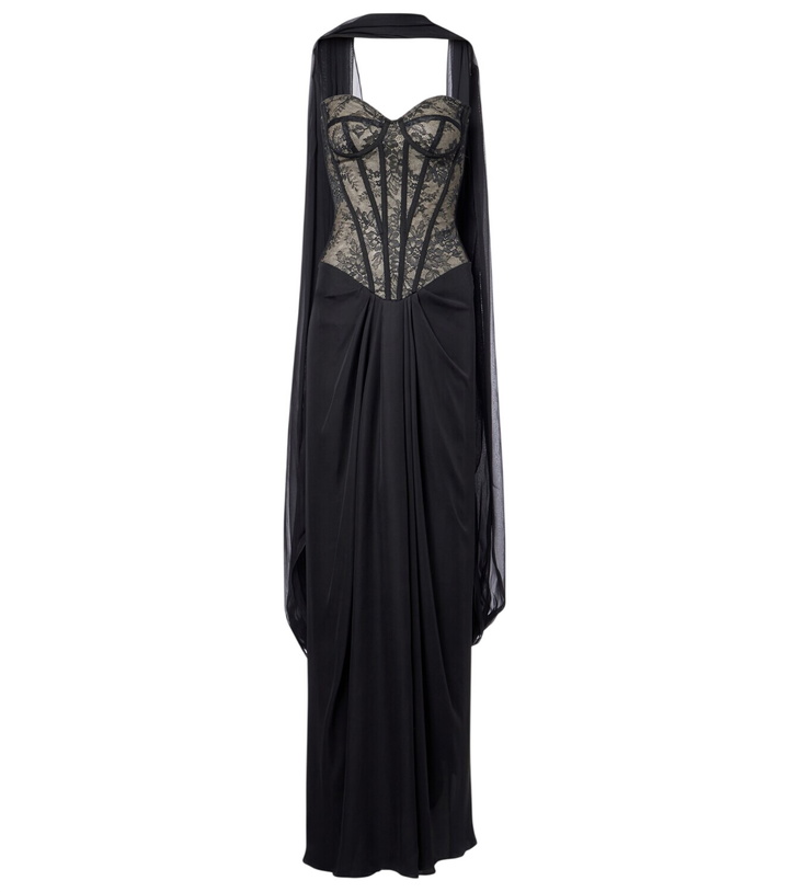 Photo: Monique Lhuillier Scarf-detail draped lace gown