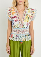 Farm Rio Greek Garden Floral-printed Cotton Blouse White