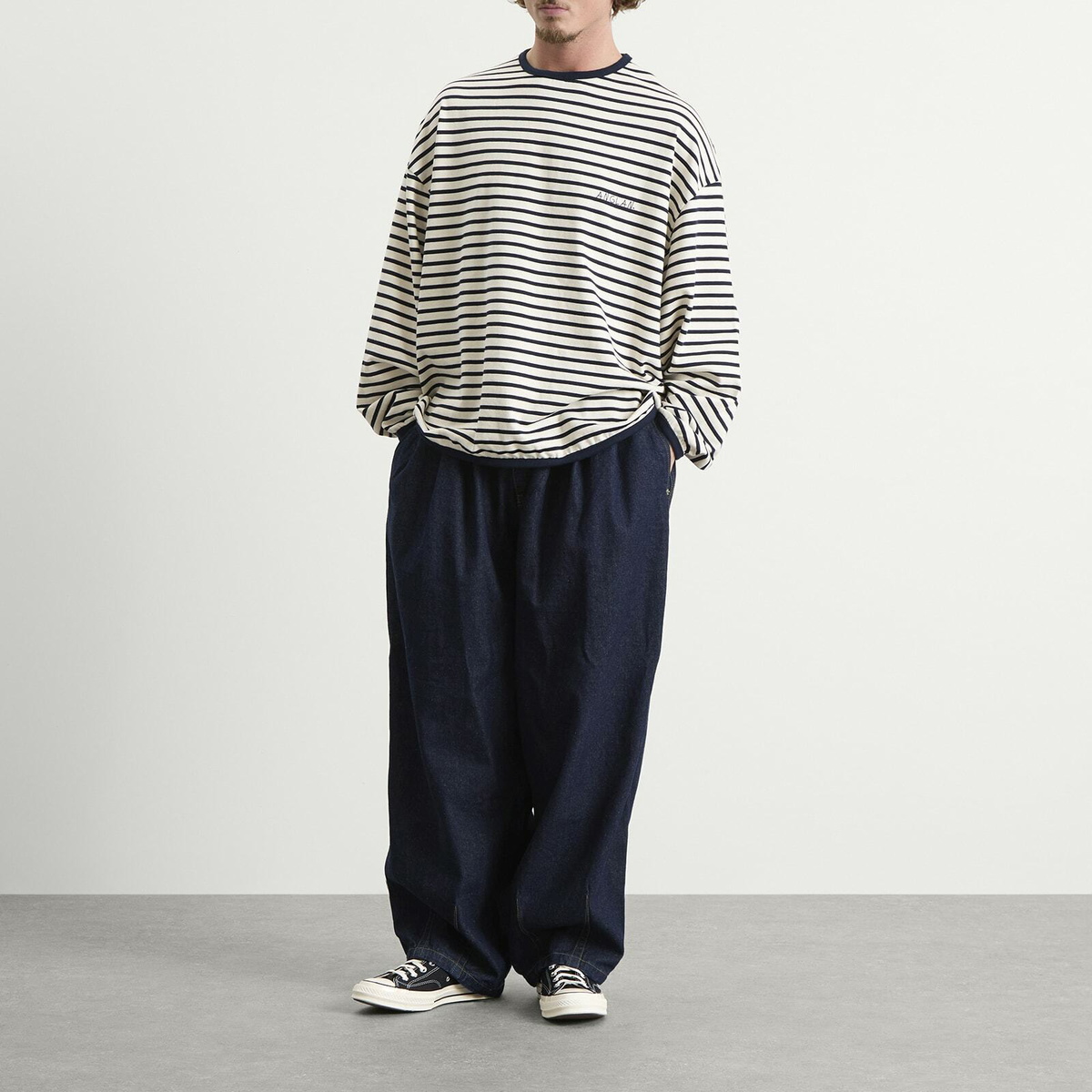 Anglan Men's Rigid Indigo Denim Balloon Pants in Dark Blue Anglan