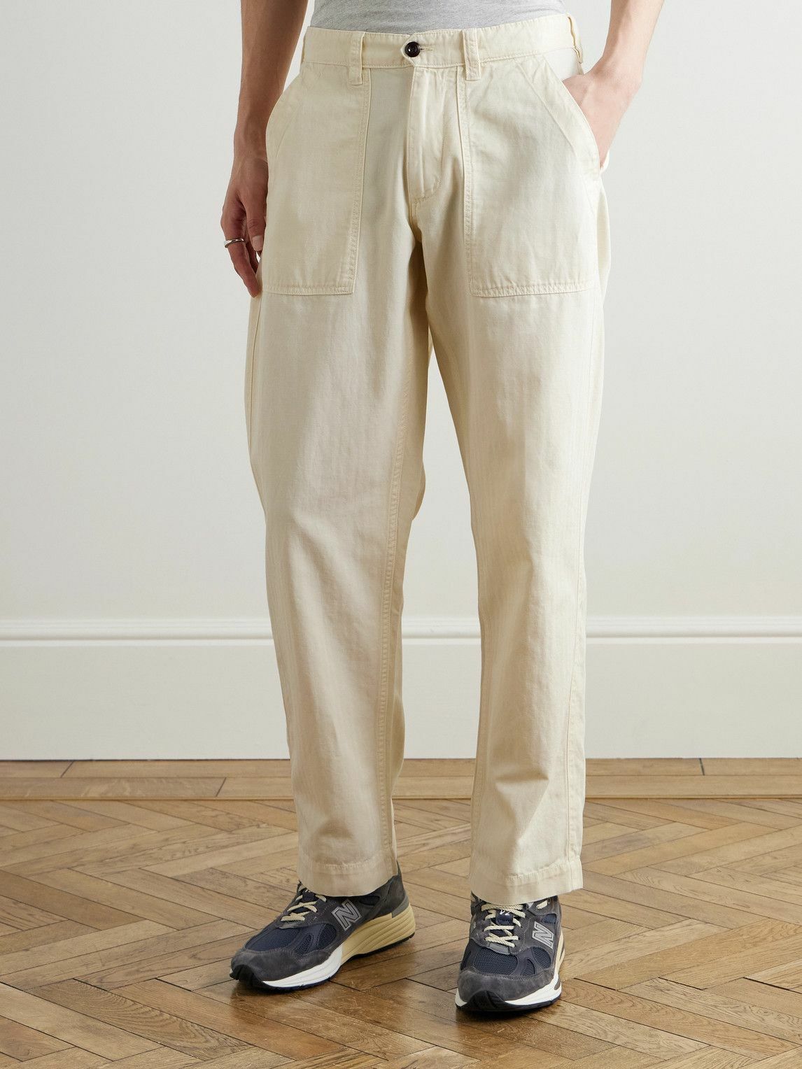 Drake's - Tapered Herringbone Cotton and Linen-Blend Twill Trousers - Neutrals