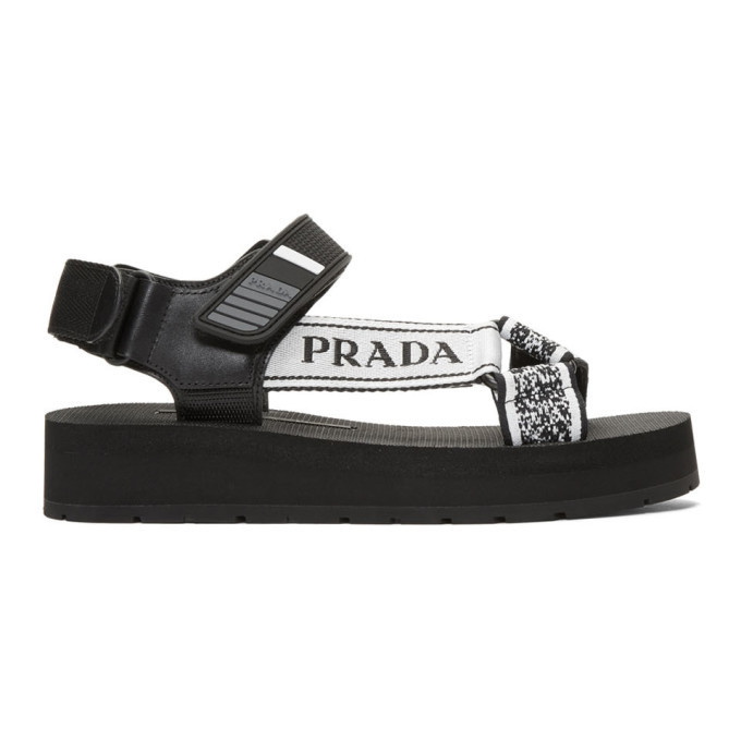 speer Bewijs astronomie Prada Black and White Velcro Nomad Sandals Prada