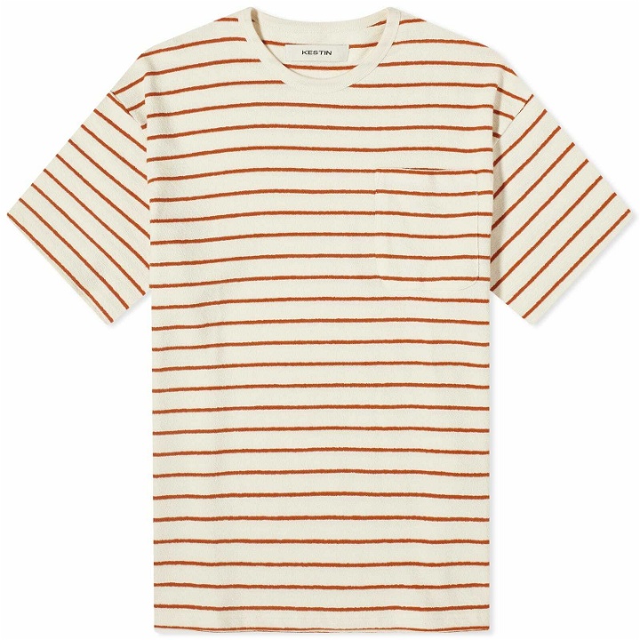 Photo: Kestin Men's Fly Pocket T-Shirt in Ecru/Tangerine Stripe