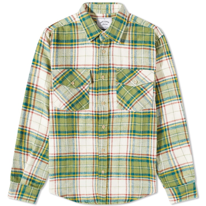 Photo: Portuguese Flannel Men's Portlad Check 2 Pocket Overshirt in Green/Red/Ecru