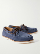 Brunello Cucinelli - Leather-Trimmed Suede Boat Shoes - Blue