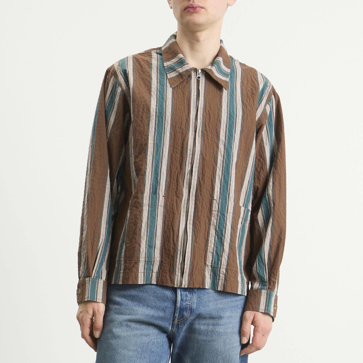 ACMH by Magic Castles Men's Deja Vu Overshirt in Brown Stripe Crinkle
