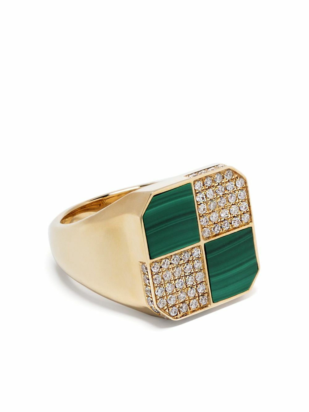 Yvonne Léon 9K Yellow Gold Petit Damier Diamond And Malachite Ring