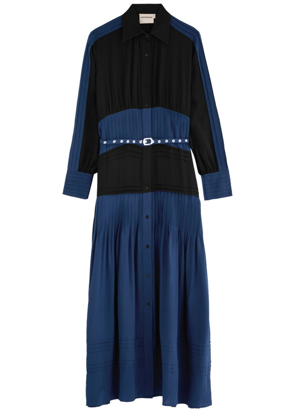 Photo: Lovebirds Colour-blocked Belted Silk Midi Shirt Dress Blue