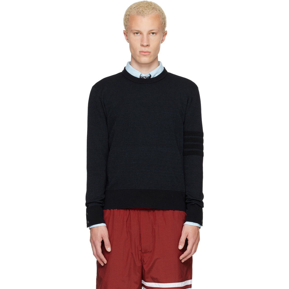 Thom Browne Navy Ottoman Milano Stitch 4-Bar Bomber Sweater
