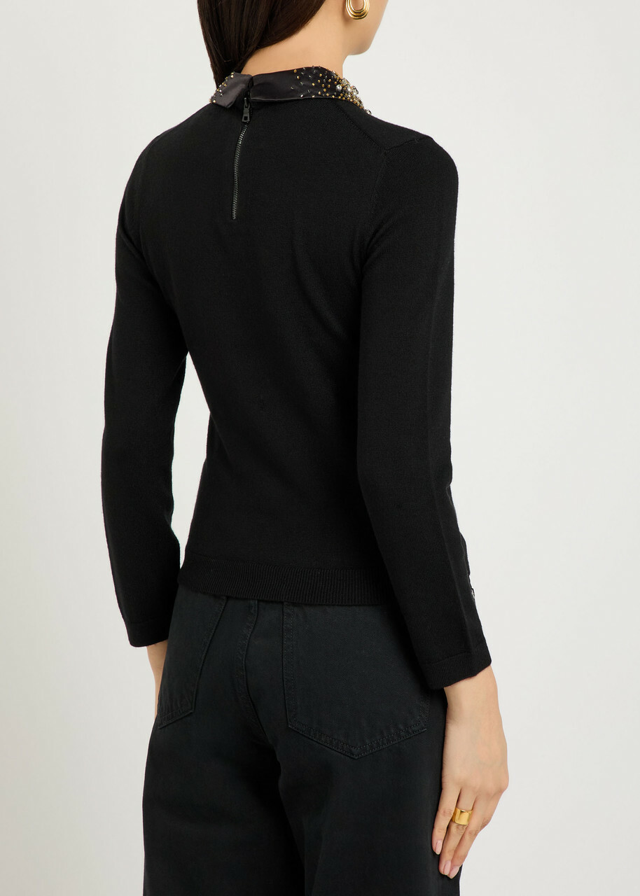 Alice + Olivia Porla Embellished Stretch-wool top Black