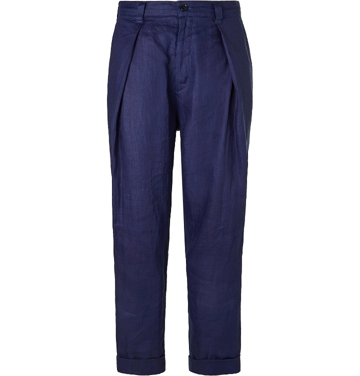 Photo: Blue Blue Japan - Indigo-Dyed Tapered Pleated Linen Trousers - Blue