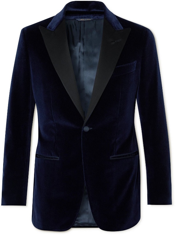 Photo: Thom Sweeney - Slim-Fit Faille-Trimmed Cotton and Modal-Blend Velvet Tuxedo Jacket - Blue