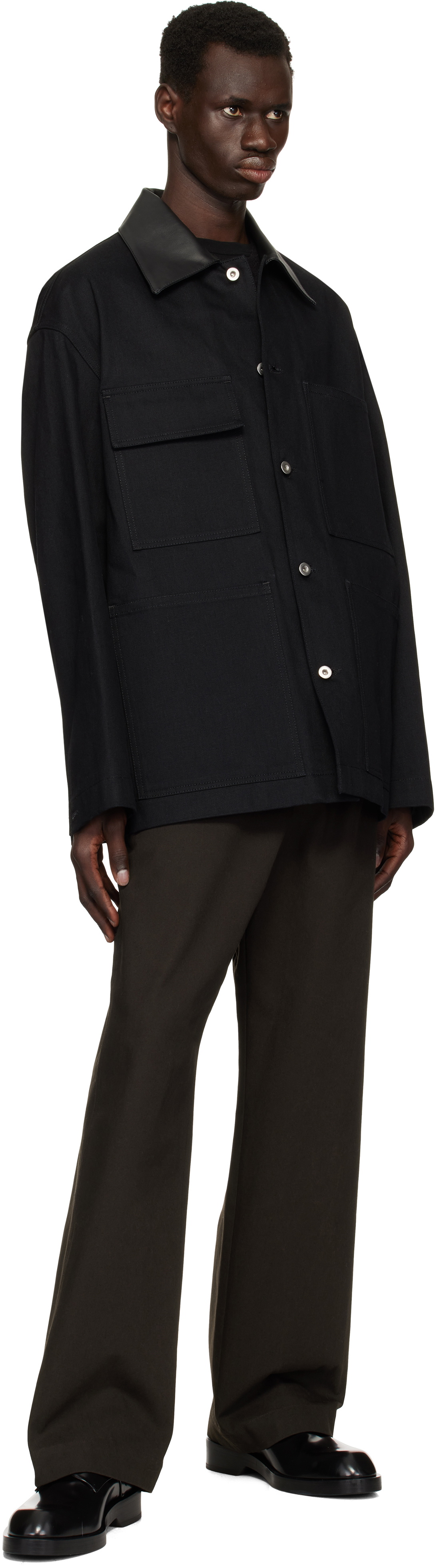 Jil Sander Black Leather Collar Denim Jacket