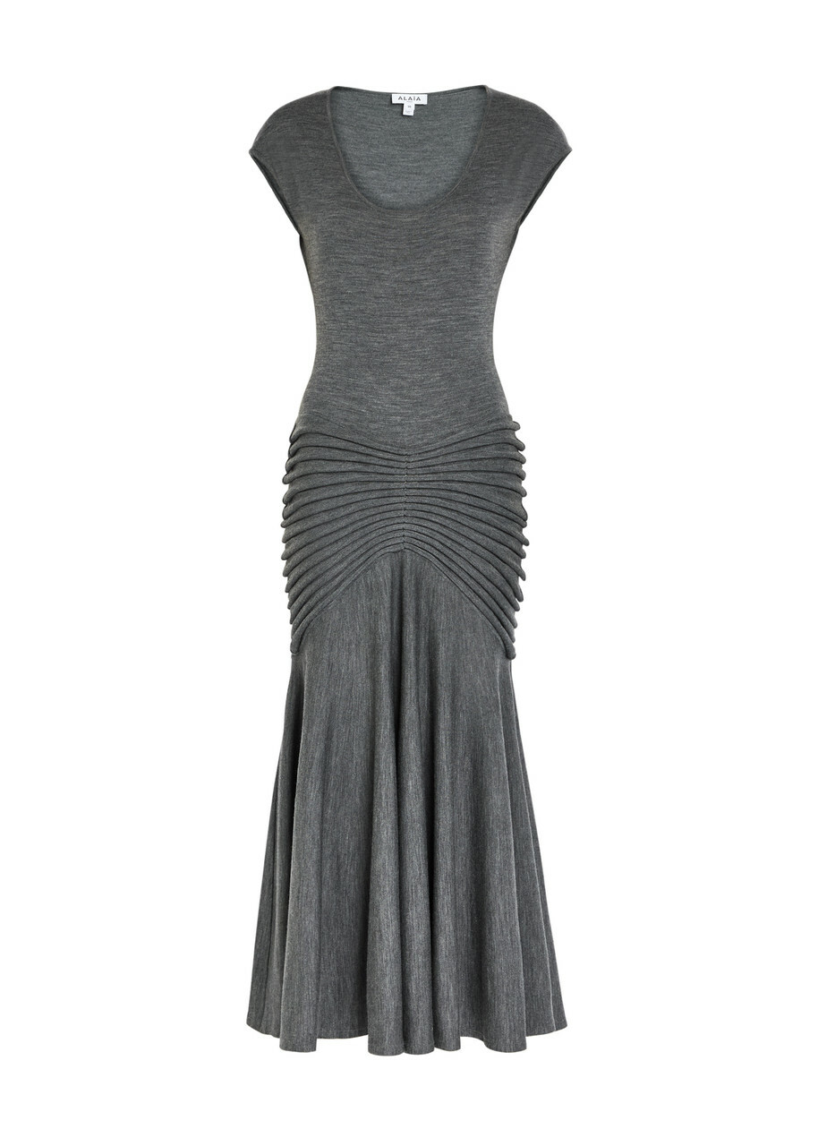 Alaïa Sculpting Ruched Wool Midi Dress Dark Grey