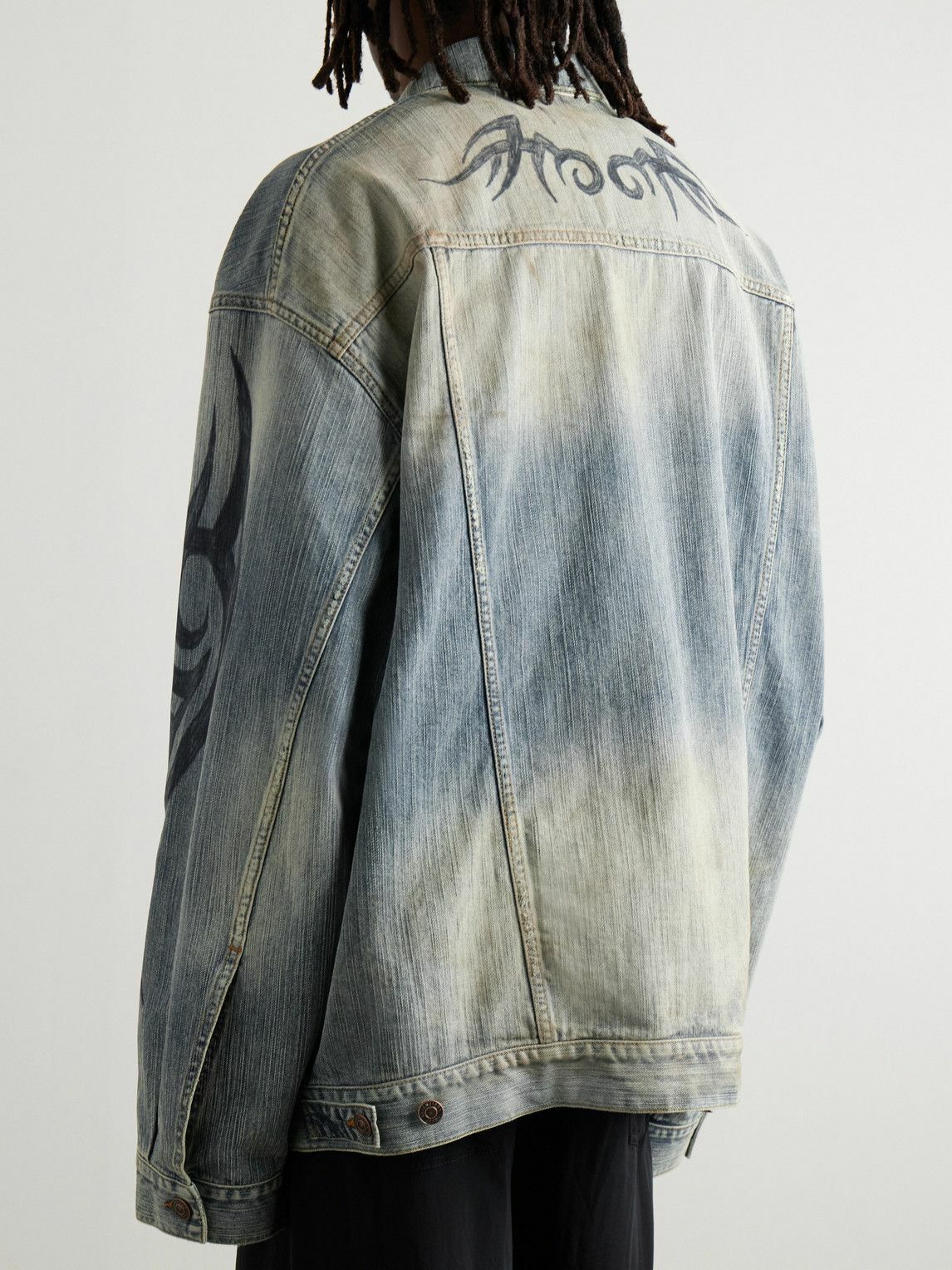 Balenciaga - Oversized Distressed Printed Denim Jacket - Blue