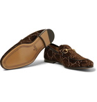 Gucci - Horsebit Leather-Trimmed Logo-Embroidered Velvet Loafers - Men - Dark brown