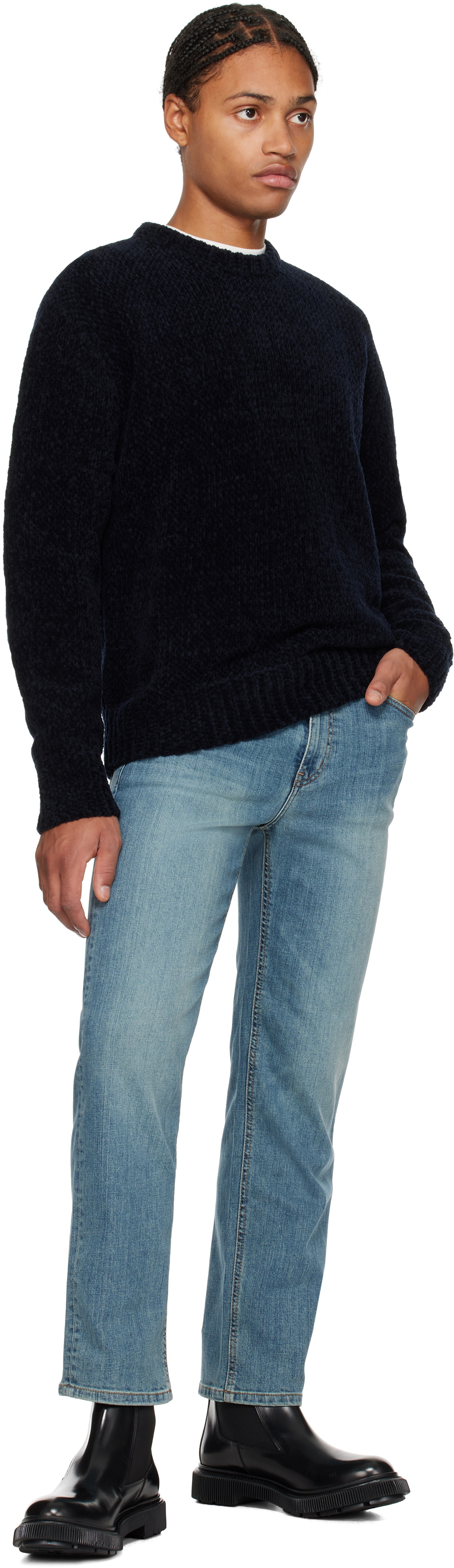 Solid Homme Navy Round Neck Chenille Textured Knit Sweater