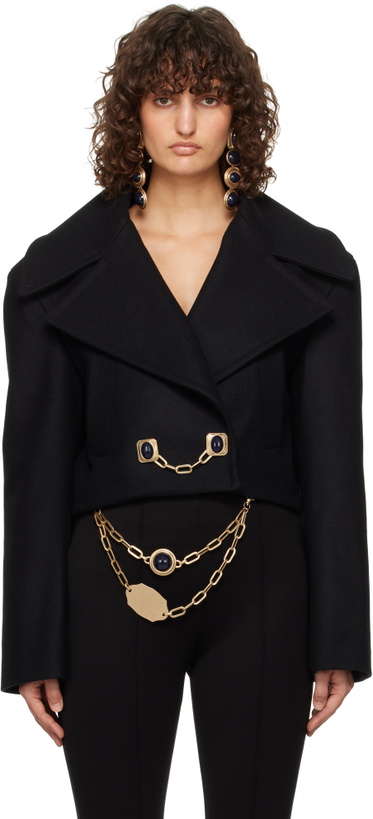 Photo: AREA Black Gemstone Button Cropped Peacoat