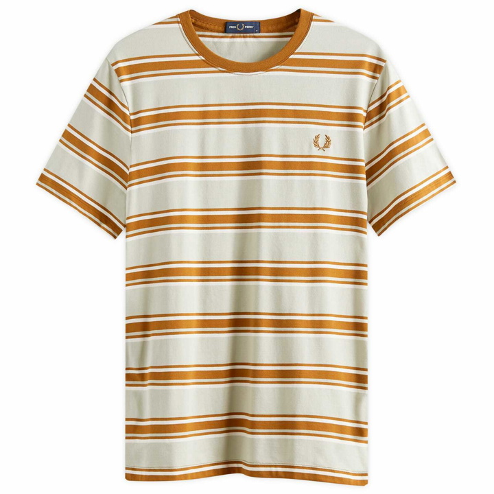 Photo: Fred Perry Men's Stripe T-Shirt in Silky Peach/Light Oyster/Dark Caramel