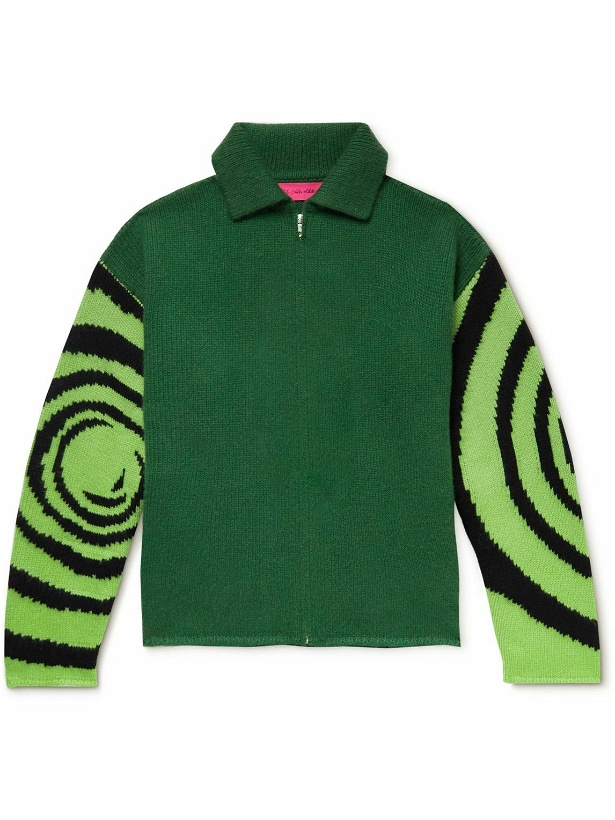 Photo: The Elder Statesman - Bouclé-Trimmed Intarsia Cashmere Zip-Up Sweater - Green