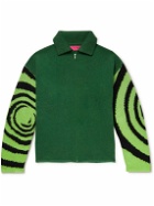The Elder Statesman - Bouclé-Trimmed Intarsia Cashmere Zip-Up Sweater - Green