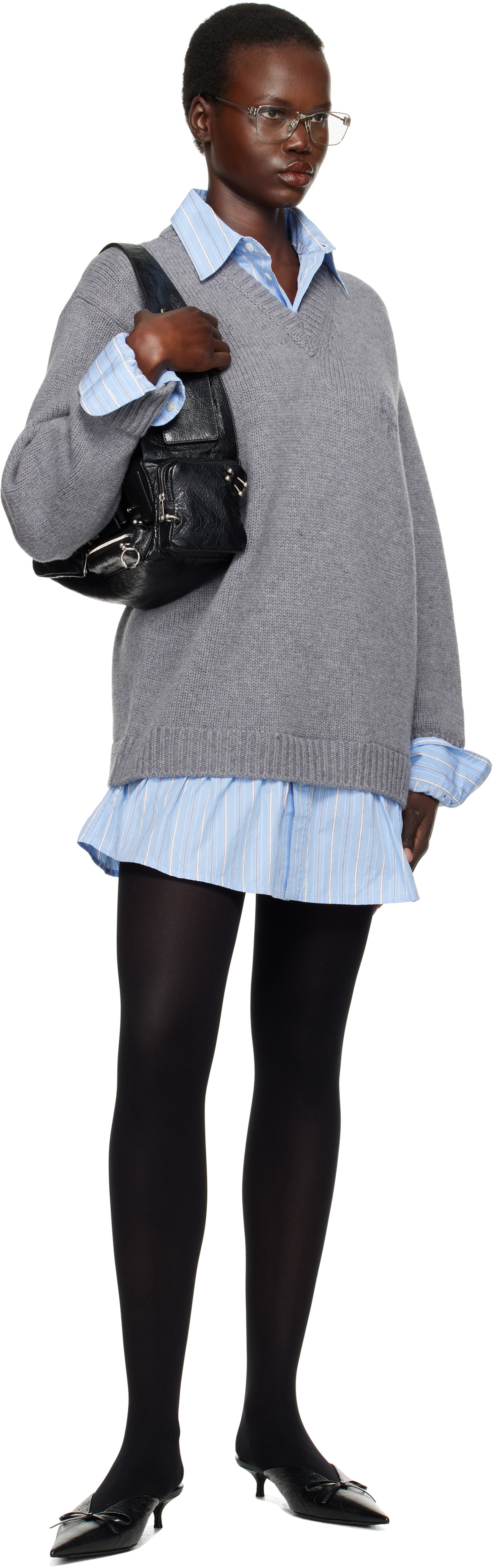 Balenciaga Gray Layered Shirt V-Neck Sweater