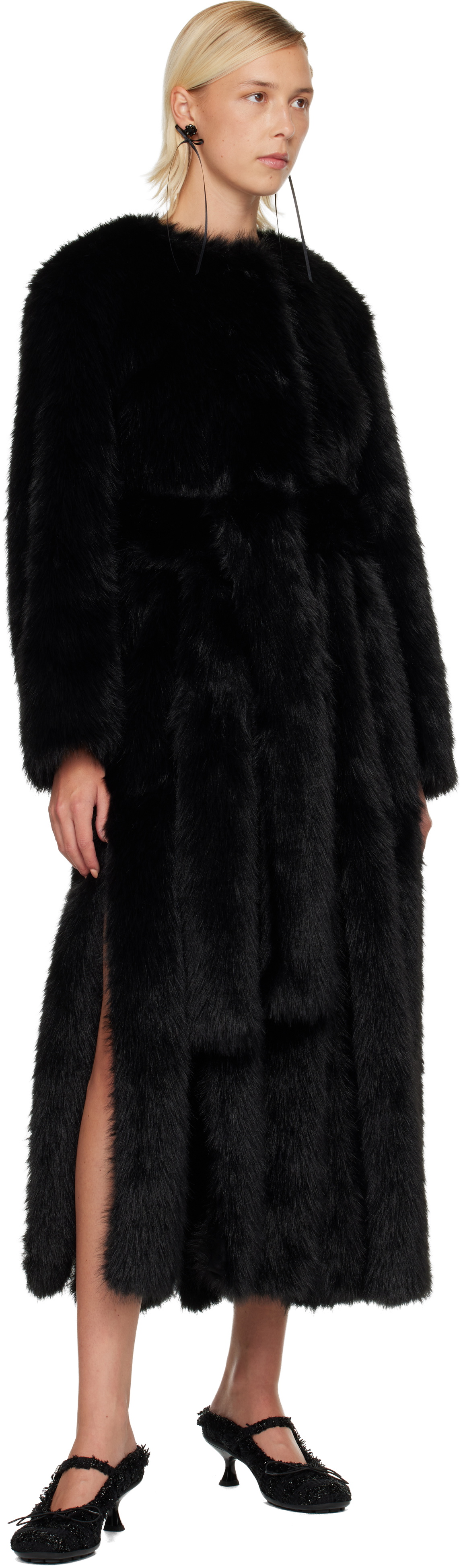 Simone Rocha Black Belted Faux Fur Long Multi Slit Coat