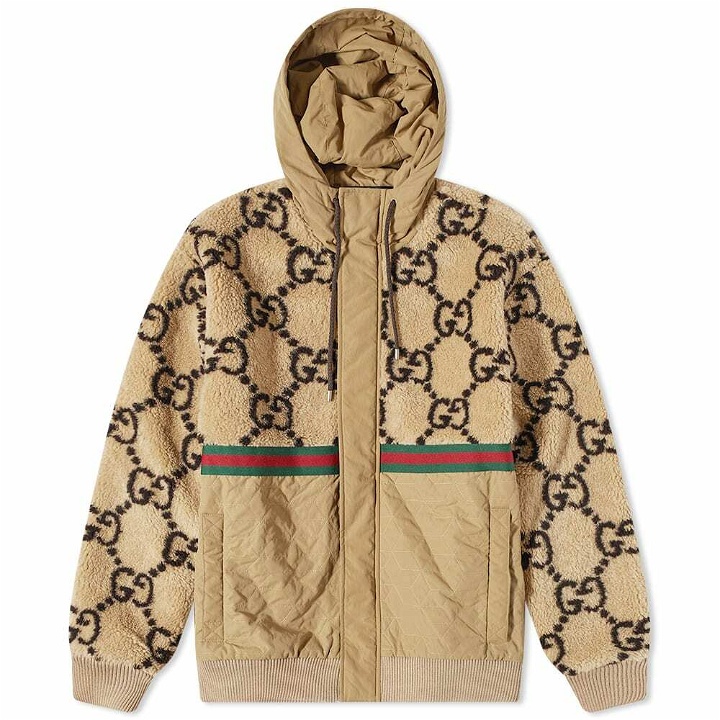 Photo: Gucci Men's Jumbo GG Fleece Panel Hooded Jacket in Beige