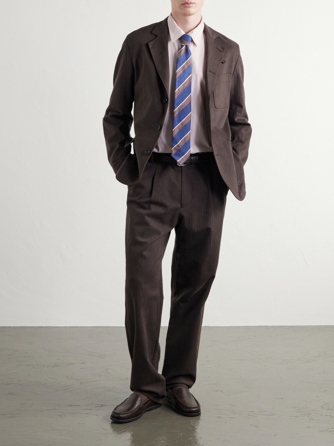 Oliver Spencer - Morton Straight-Leg Pleated Herringbone Stretch-Cotton Suit Trousers - Brown