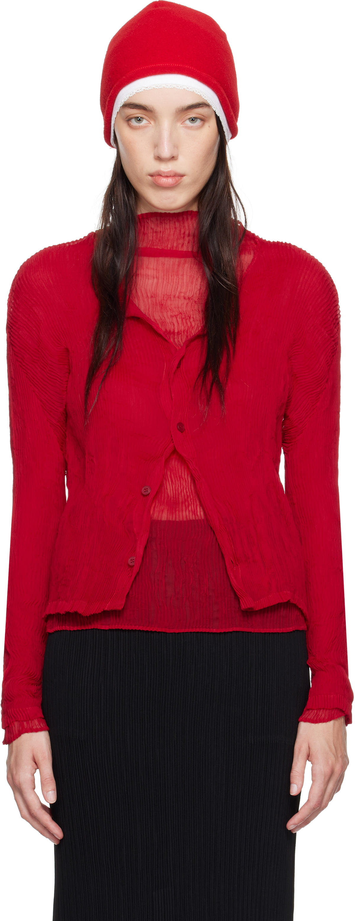 ISSEY MIYAKE Red Chiffon Twist 2 Cardigan Issey Miyake Men