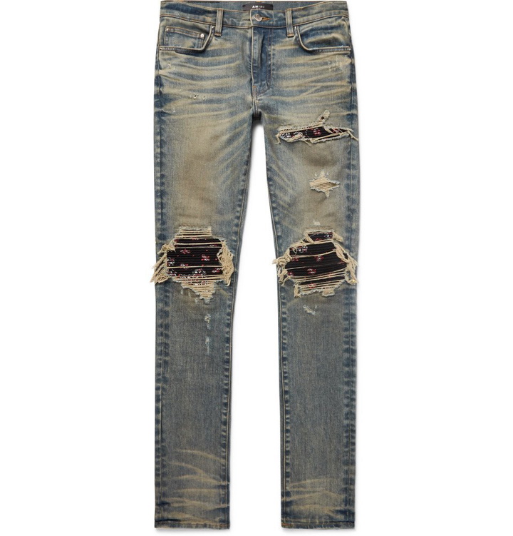 Photo: AMIRI - MX1 Skinny-Fit Rib-Panelled Distressed Stretch-Denim Jeans - Men - Blue