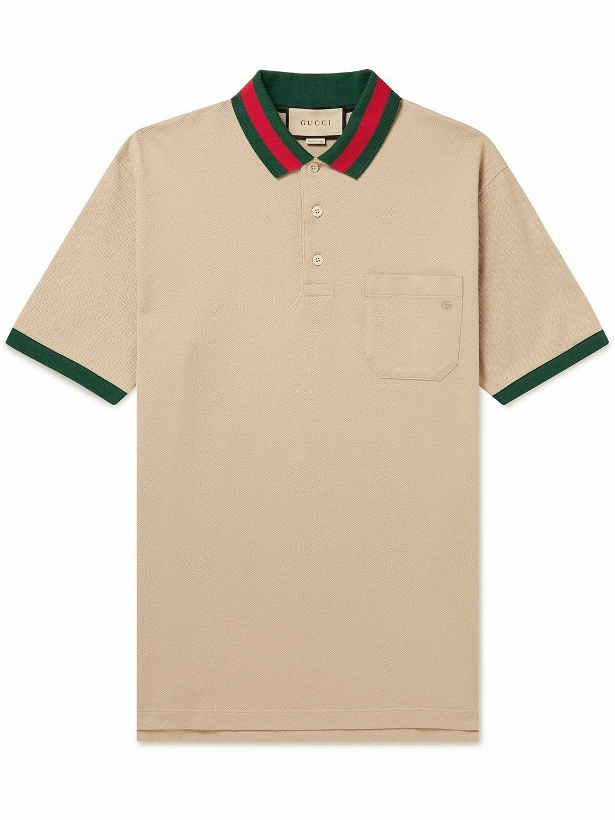 Photo: GUCCI - Logo-Embroidered Stretch-Cotton Piqué Polo Shirt - Neutrals