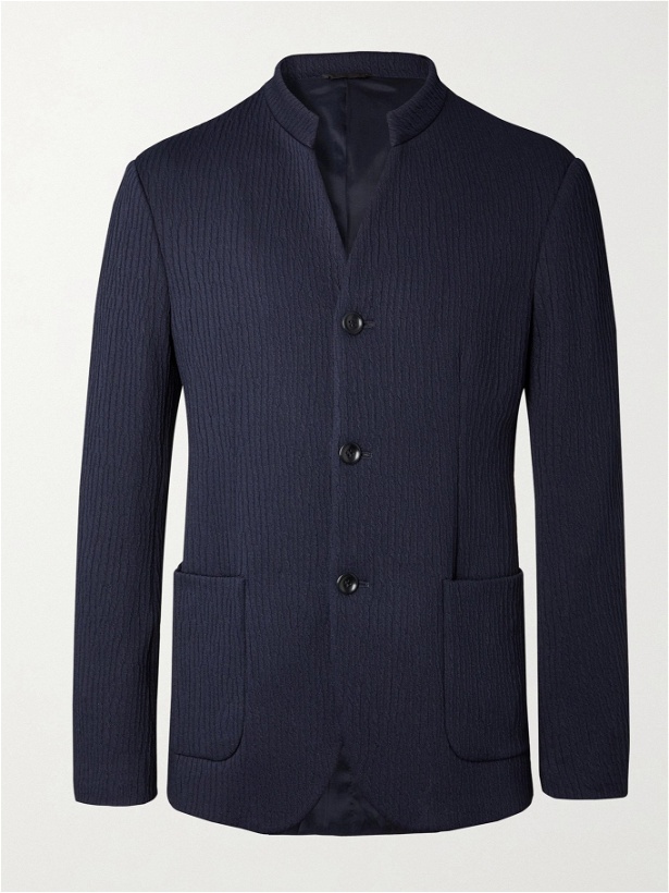 Photo: GIORGIO ARMANI - Slim-Fit Mandarin-Collar Unstructured Textured Stretch-Jersey Blazer - Blue
