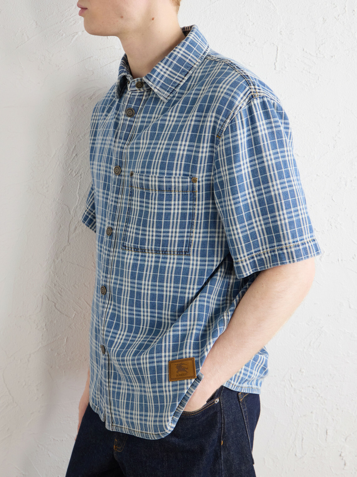 Burberry - Logo-Appliquéd Checked Denim Shirt - Blue