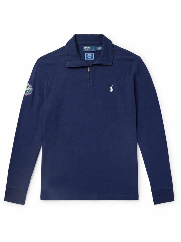 Photo: Polo Ralph Lauren - Wimbledon Appliquéd Logo-Embroidered Cotton-Piqué Half-Zip Sweater - Blue
