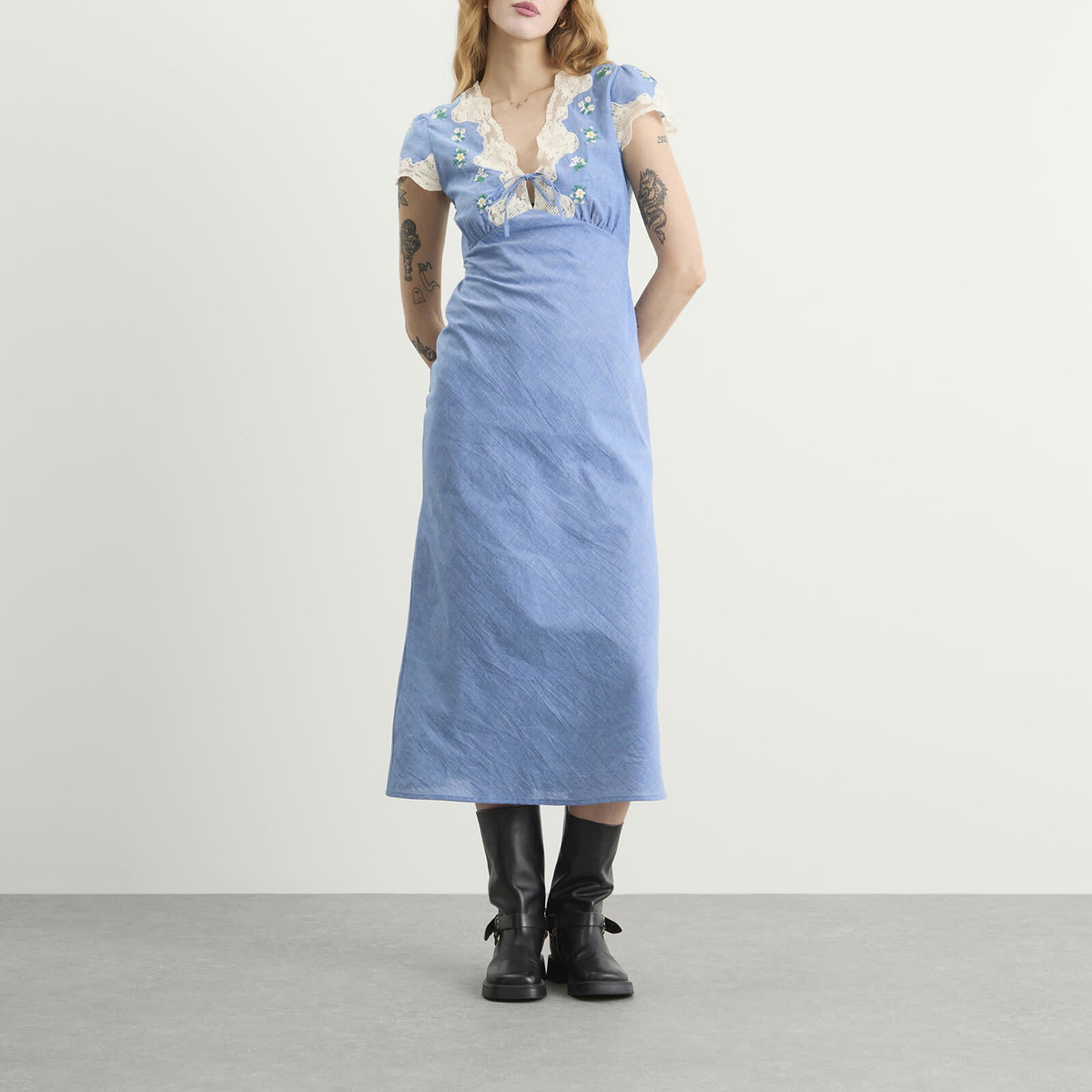 RIXO Women's Amari Dress in Bud Embroidery Blue
