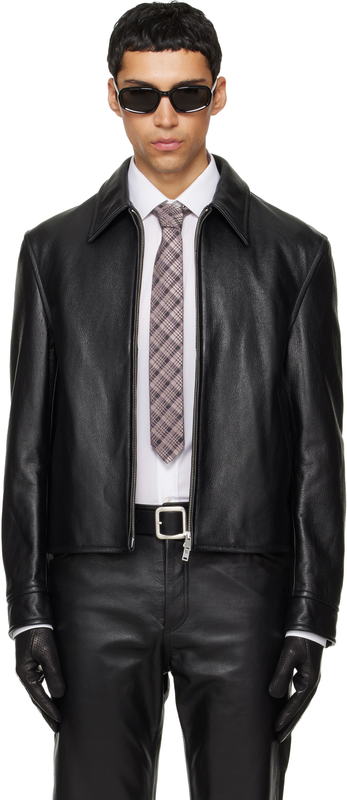 TONYWACK Black Buckle Zip Cow Leather Jacket