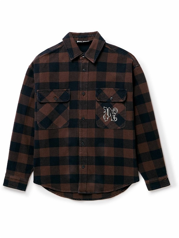 Photo: Palm Angels - Logo-Embroidered Checked Cotton-Twill Overshirt - Brown