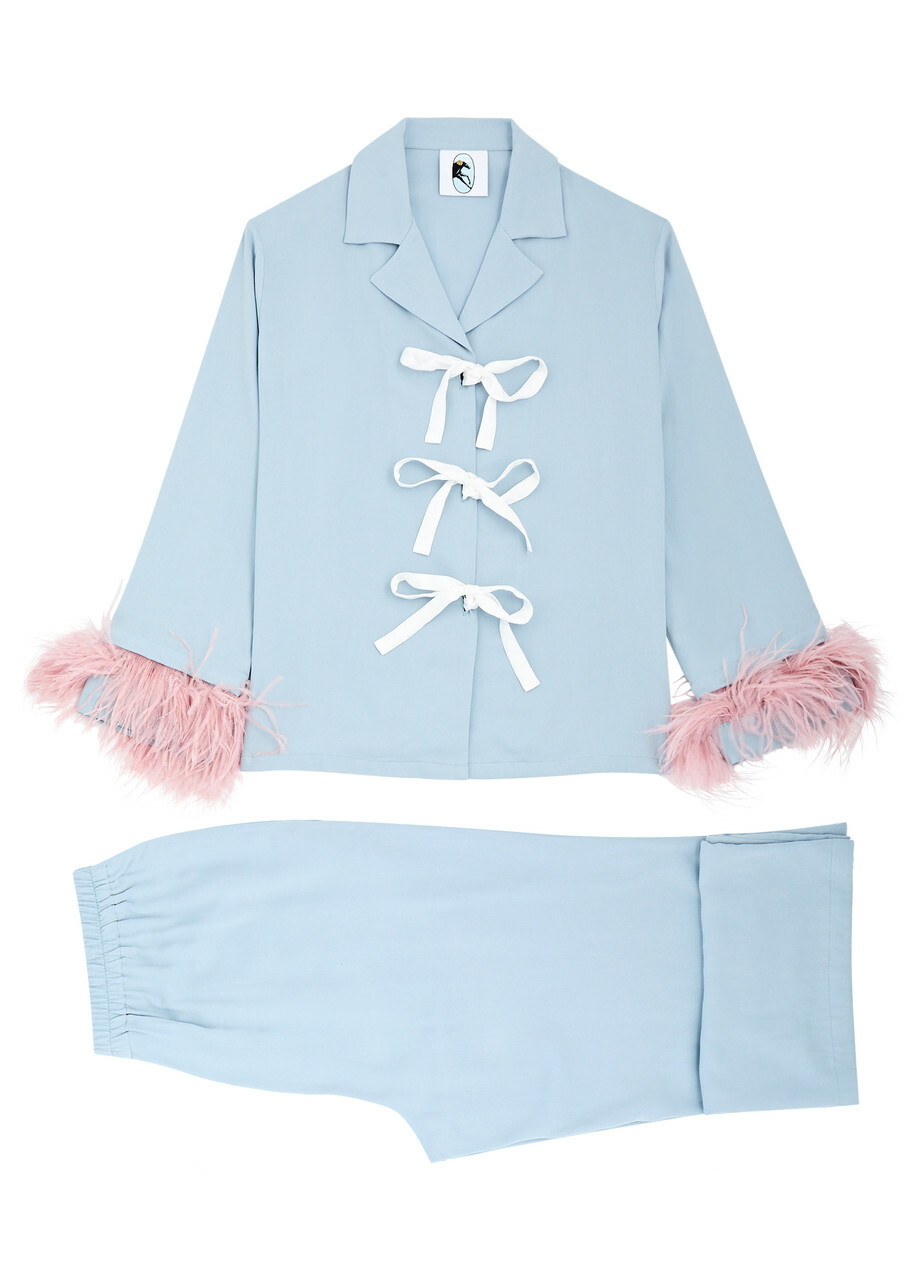 Sleeper The Bow Feather-trimmed Twill Pyjama set Light Blue