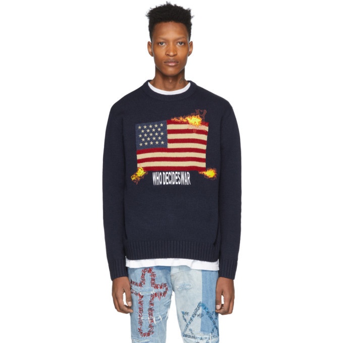 Photo: Who Decides War by MRDR BRVDO Navy Who Decides War Flag Sweater
