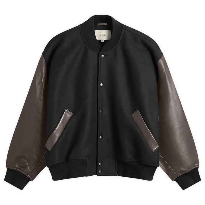 Photo: Studio Nicholson Men's Alph Leather Wool Varsity Bomber Jacket in Black/Cocoa