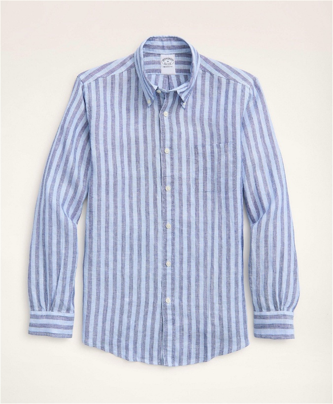 Photo: Brooks Brothers Men's Regent Regular-Fit Sport Shirt, Irish Linen Wide Stripe | Blue/Navy
