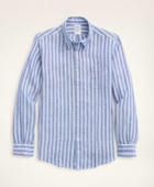 Brooks Brothers Men's Regent Regular-Fit Sport Shirt, Irish Linen Wide Stripe | Blue/Navy