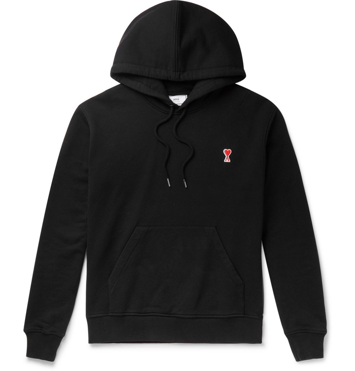 Photo: AMI - Logo-Appliquéd Mélange Loopback Cotton-Jersey Hoodie - Black