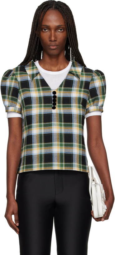 Photo: SHUSHU/TONG Green Notched Lapel Puff Sleeve Blouse